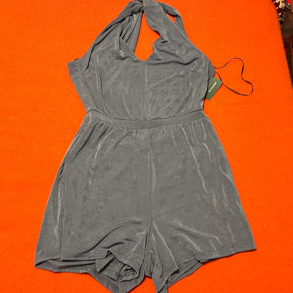 Shiny slate blue crisscross back knit romper NWT - Picture 3 of 11